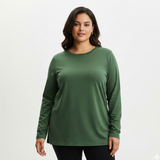 Camiseta Algoodão Egípcio Verde Escuro Manga Longa  Plus Size - cód PSL032